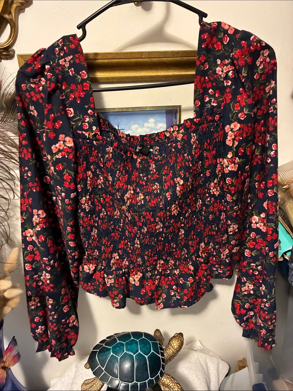 Crystal Doll Black Floral Smocked Long-Sleeve Blouse